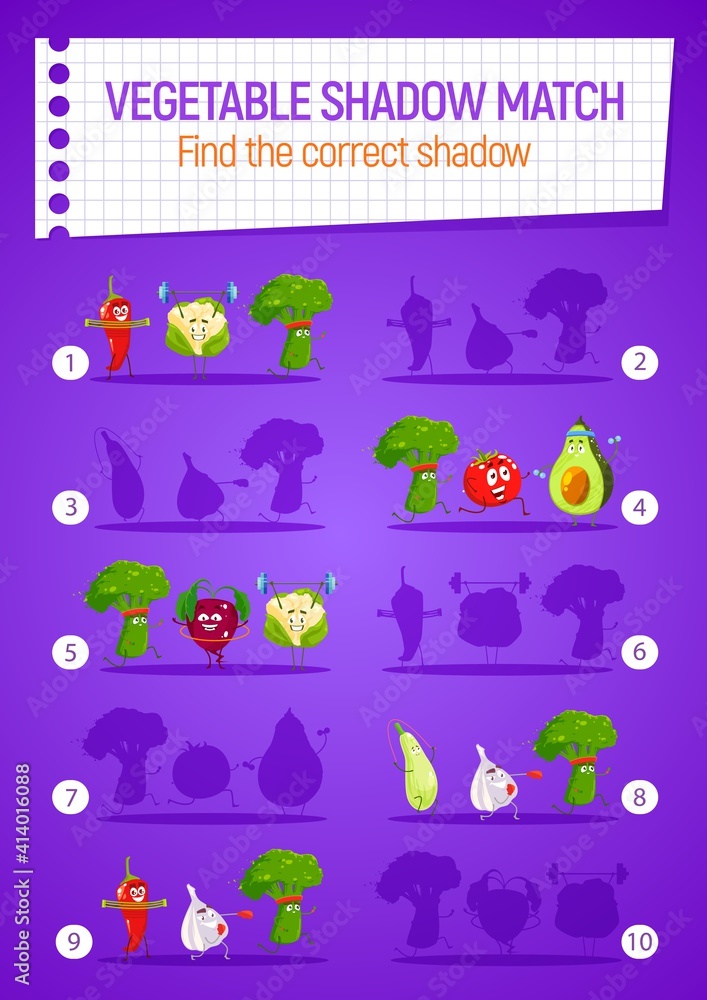 Kids game shadow match vector riddle with cartoon funny vegetables sportsmen on board. Educational task find correct silhouette, children logic school preschool activity, leisure recreation, boardgame Kids game shadow match vector riddle with cartoon funny vegetables sportsmen on board. Educational task find correct silhouette, children logic school preschool activity, leisure recreation, boardgame