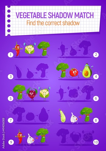 Kids game shadow match vector riddle with cartoon funny vegetables sportsmen on board. Educational task find correct silhouette, children logic school preschool activity, leisure recreation, boardgame