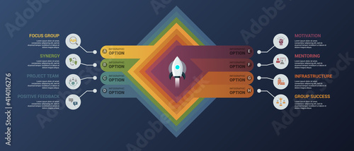 Infographic Team Building template. Icons in different colors. Include Focus Group, Synergy, Project Team, Positive Feedback and others.