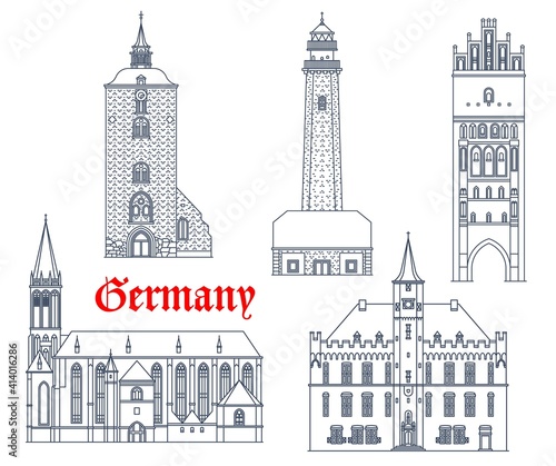 Germany landmarks architecture vector icons, German city buildings of Schleswig Holstein, Mecklenburg Pomerania. St Nikolai church in Fehmarn and Kalkar, Fluegge lighthouse and Anklam Steintor gates