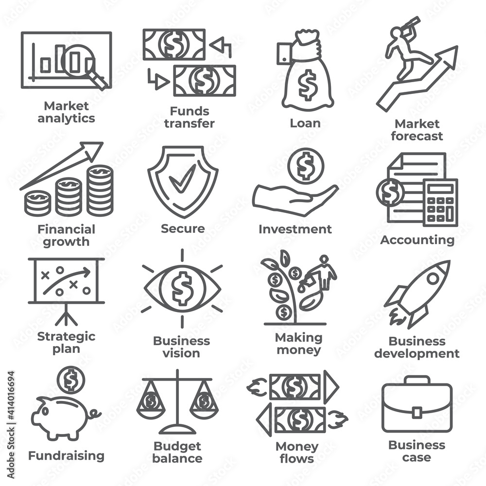 Budget and finance line icons on white background