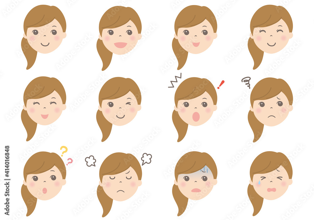 女性の顔イラスト（表情いろいろ）