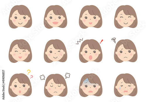 女性の顔イラスト（表情いろいろ）