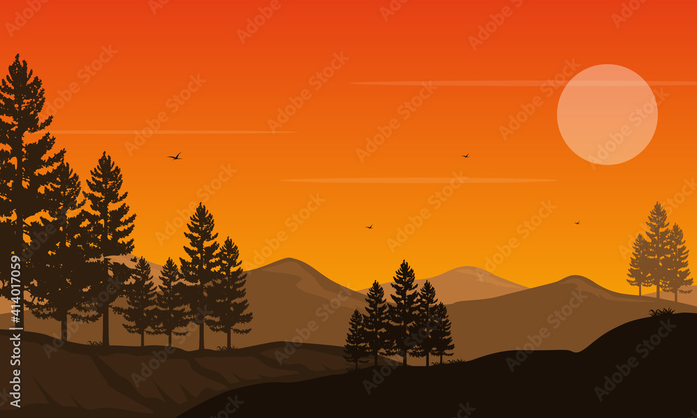 Fantastic forest and mountain views at sunset. Vector illustration