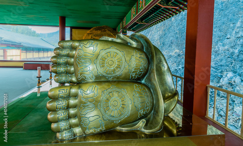 Feet of thirteen meter long reclining Buddha at Manbulsa Temple in Yeongcheon, South Korea.