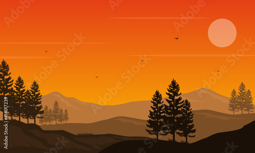 Beautiful natural scenery on the edge of the city at dusk. Vector illustration