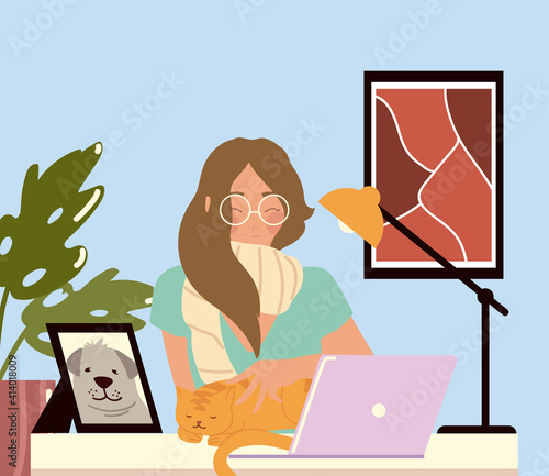 woman working with laptop at her work desk, work at home