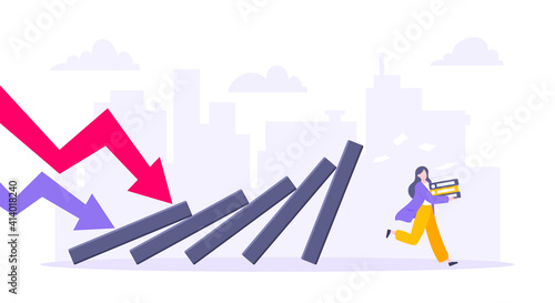 Domino effect or business resilience metaphor vector illustration concept. Adult young businesswoman run away from falling domino line business concept problem solving and danger domino chain reaction