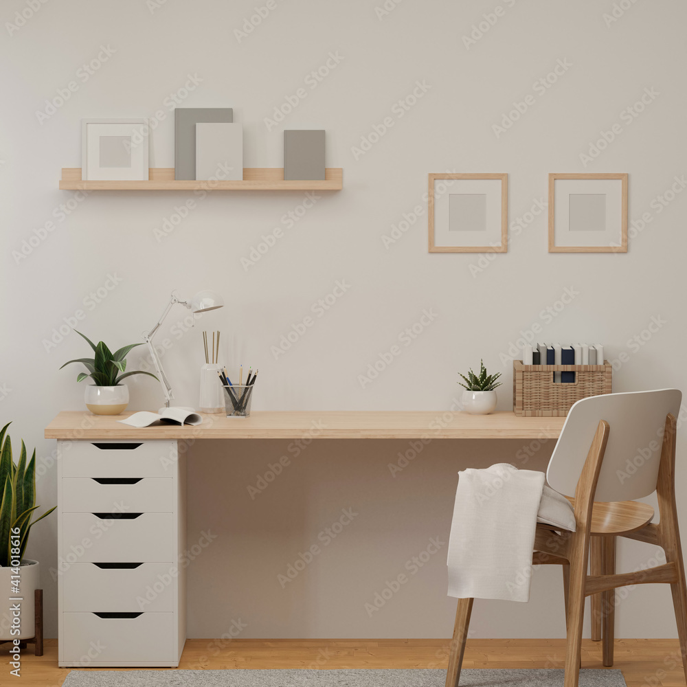 3D rendering, home office room with copy space, supplies, decorations and chair, 3D illustration 3D rendering, home office room with copy space, supplies, decorations and chair, 3D illustration