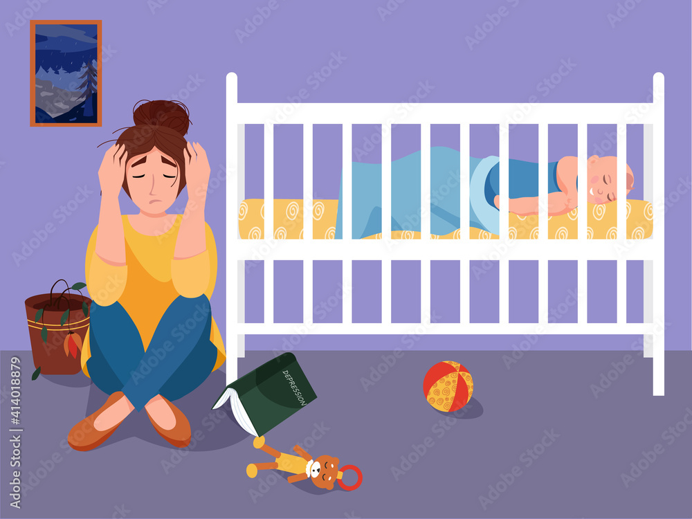 Depression. Tired and sad mother sitting along, postpartum depression.