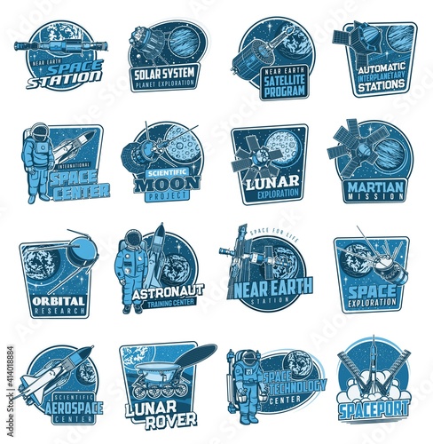 Space vector icons. Astronaut in galaxy, rocket in outer cosmos, shuttle expedition, exploration. Satellite in space, rover explore alien planet surface, lunar project and martian mission labels set