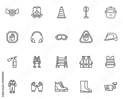 Safety workwear line icons set. Mandatory linear style symbols collection, outline signs pack. Protective clothing vector graphics. Set includes icons as safety helmet, work shoes, face mask, coverall