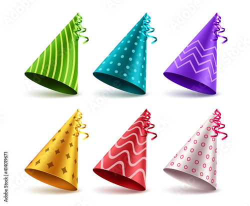 Birthday hat vector set design. Birthday hat 3d realistic elements with patterns for kids party celebrations and event decorations. Vector illustration
