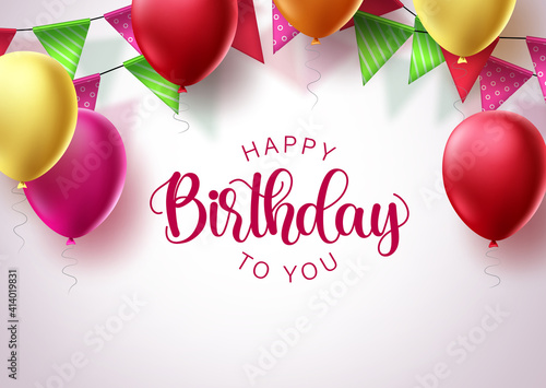 Birthday greeting card vector background design. Happy birthday text in white space with colorful balloons and streamers for party decorations and celebration. Vector illustration

