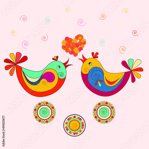 stylized birds, heart and flowers on pink background, spring set