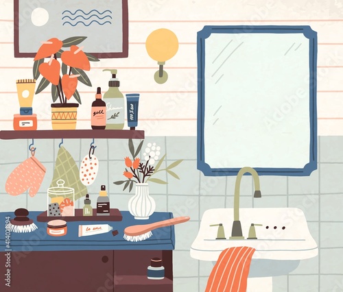 Shelves with toiletries, shampoo bottles, cosmetics and flowers near mirror and washbasin. Cozy bathroom interior with furniture and decoration. Colored flat vector illustration