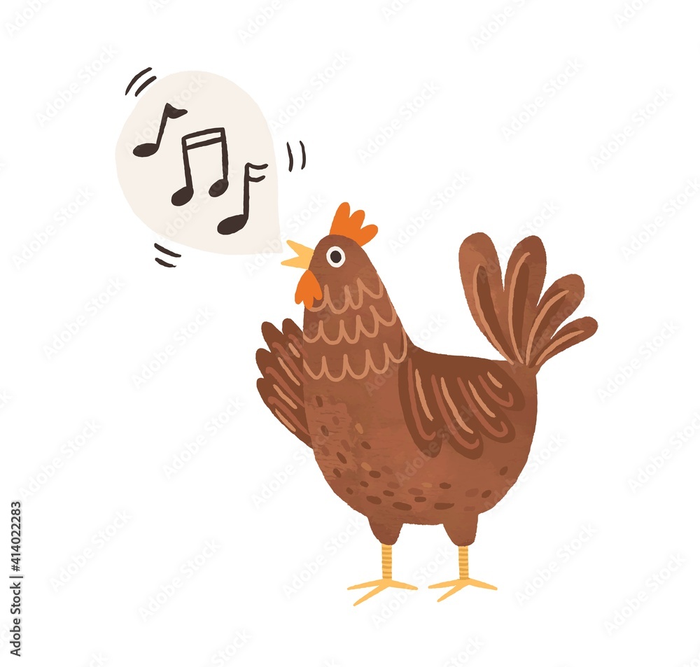Funny brown chicken clucking and singing songs. Speech bubble with
