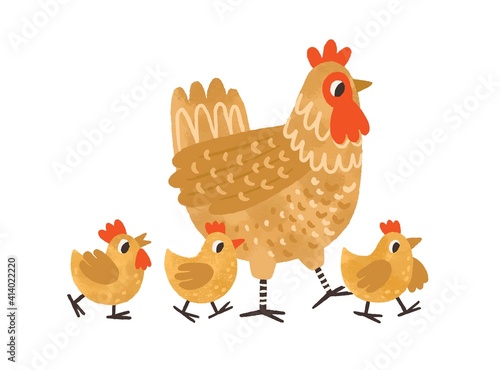 Cute hen walking with yellow chicken. Funny mom and three baby birds. Colorful textured flat vector illustration isolated on white background
