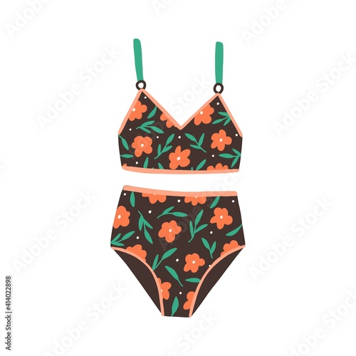Stylish female swimsuit. Fashionable women swimwear with floral pattern. Bikini top and bottom. Flat colorful vector illustration isolated on white background