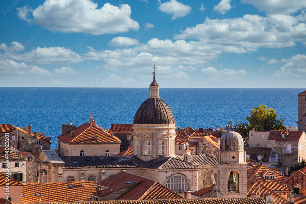A Tower Overlooking the City of Dubrovnik,  Blue Sea with blue skies and white clouds