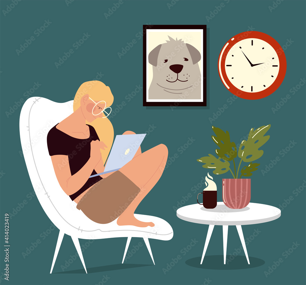 Fototapeta premium freelance woman sitting on the chair and working on laptop, work at home