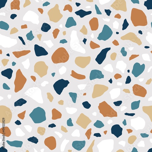 Terrazzo flooring texture with seamless repeatable pattern of small organic stone pieces. Abstract backdrop with colorful irregular shapes. Endless Venetian tile. Colored flat vector illustration