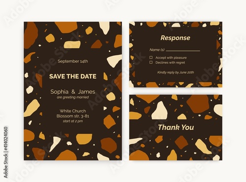 Set of vertical and horizontal terrazzo wedding invitation cards. Templates w...