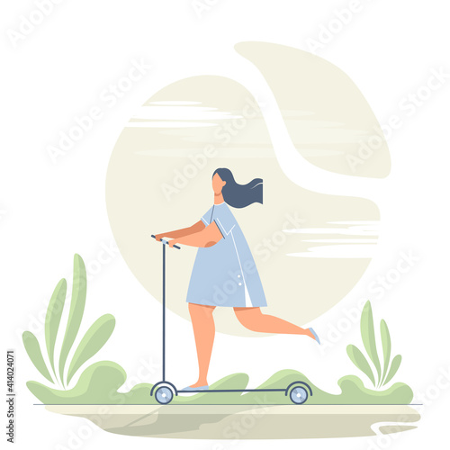 Abstract woman rides a scooter and enjoying summer and the warm weather. A girl in the dress and active lifestyle.