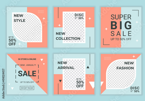 Set editable of cute feed for social media template background. Hand drawn minimalist shapes background for ig post feed. Peach and blue pastel color theme. Easy to insert your photo and text.
