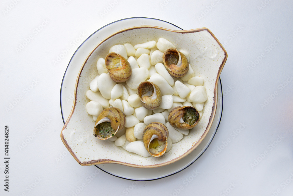 Escargots de Bourgogne. Fried snails with garlic butter, gourmet dish, in traditional ceramic plate. Escargots de Bourgogne. Fried snails with garlic butter, gourmet dish, in traditional ceramic plate.