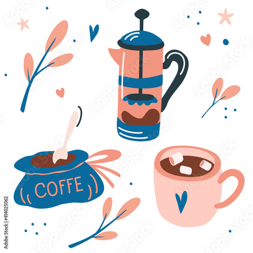 Vector set with coffee drinks. French press, a cup of marshmallow coffee and a bag of coffee. Cartoon vector illustration coffee time. Doodle, hand drawn styles.