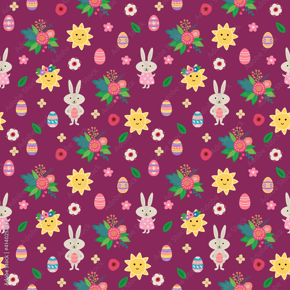 Easter. Seamless pattern with rabbits, flowers, suns, eggs. Hand-drawn style. Vector illustration. Easter. Seamless pattern with rabbits, flowers, suns, eggs. Hand-drawn style. Vector illustration.