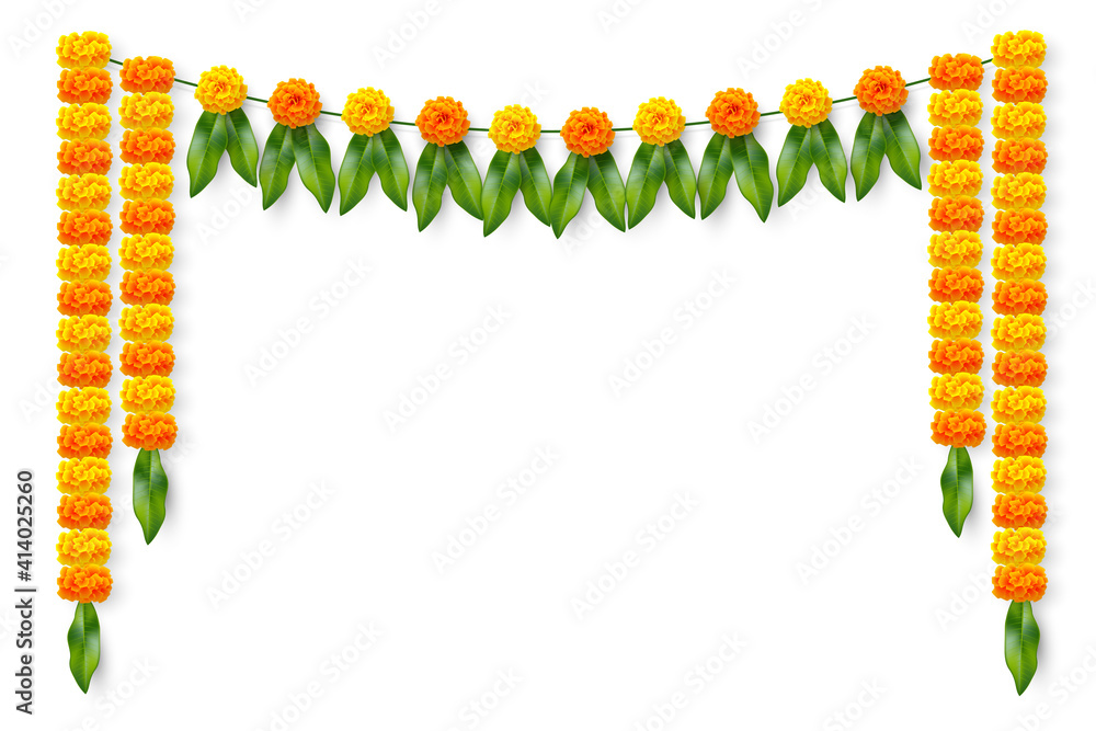 Traditional Indian floral garland with marigold flowers and mango ...