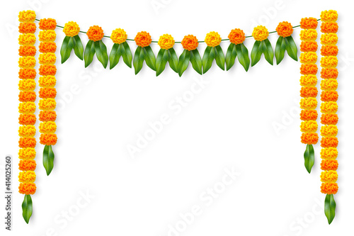 Traditional Indian floral garland with marigold flowers and mango leaves. Decoration for Indian hindu holidays or wedding. Isolated on white. Vector illustration. photo