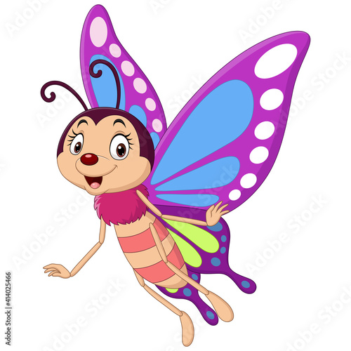 Cartoon funny butterfly flying on white background