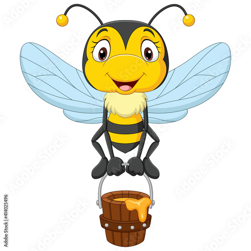 Cartoon cute little bee holding honey bucket