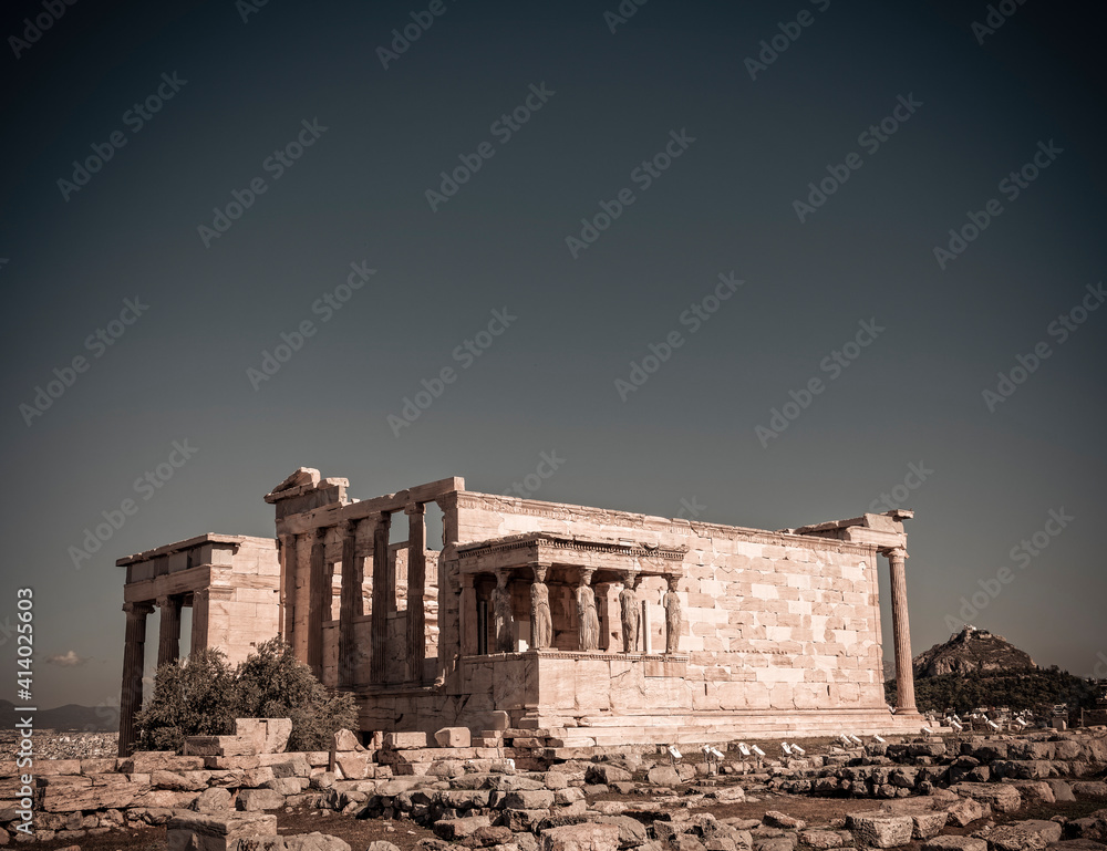 Erechtheion ancient temple on Acropolis hill, Athens Greece filtered image