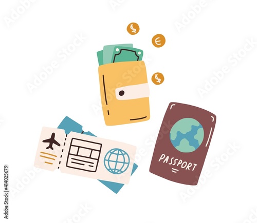 Tourist s items, passport, wallet with cash, boarding pass and flight ticket. Tourism and traveling by air plane concept. Colored flat vector illustration isolated on white background
