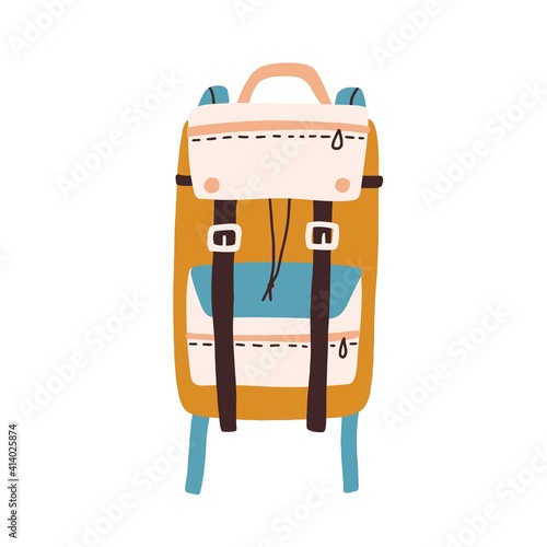 Modern colorful backpack with straps and pockets isolated on white background. Travel or hiking bag. Colored flat vector illustration