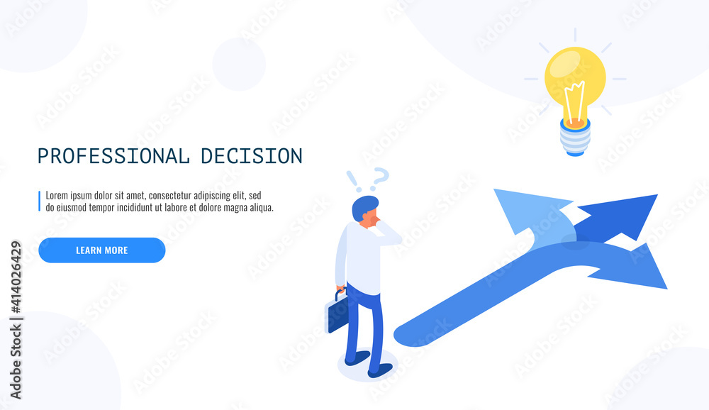 Choice process. Direction choose options, solution, decision. Man thinking. Isometric web banner. Vector illustration. Choice process. Direction choose options, solution, decision. Man thinking. Isometric web banner. Vector illustration.