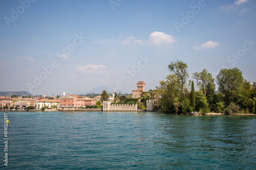 View of Sirmione from Lake Garda. Autumn sunny evening. Sirmione, Lombardy, Italy