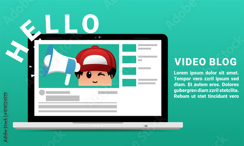 Video blogger. Video conferencing and online communication. Media content. Influencer filming video blog. Broadcast video blog landing page. Illustration vector