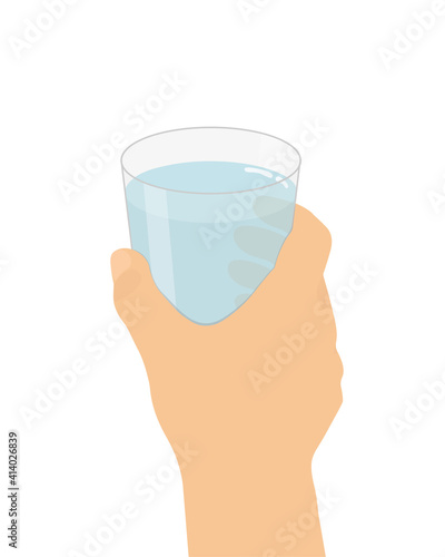 Hand holding glass with water isolated on white background. Cartoon style. Vector illustration for advertising, design