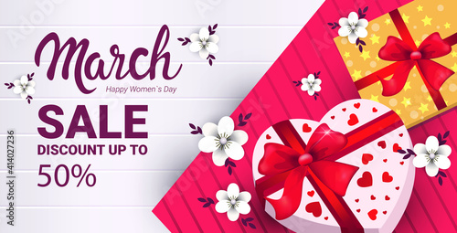 womens day 8 march holiday sale special offer concept greeting card poster or flyer with gifts horizontal vector illustration
