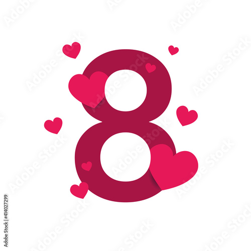8 March Women's Day. International women's day.Number 8 with hearts

