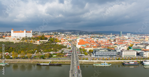 Photography Panoramic view on Bratislava old town over the Danube river in Slovakia