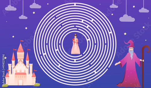 Help wizard to find way to princess and save her, fairy tale theme for kids, educational riddle, circle maze