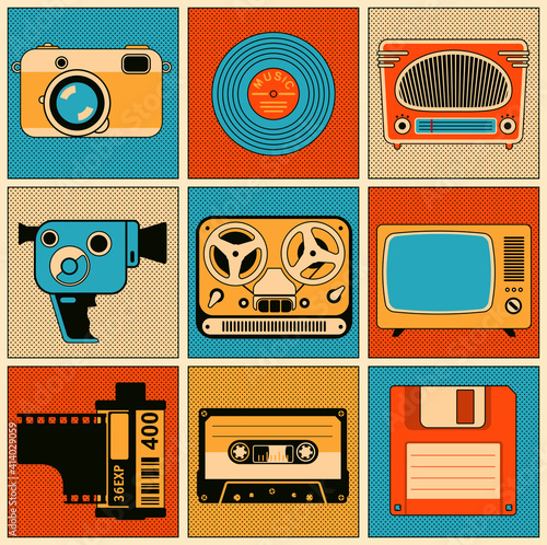 Retro media objects. Vector design elements set.