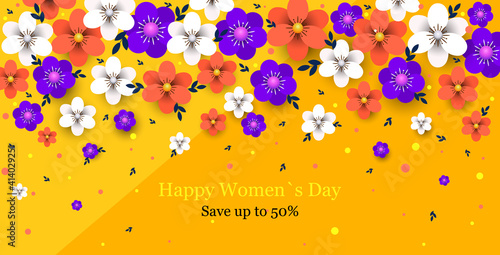 womens day 8 march holiday celebration concept sale banner greeting card poster or flyer with flowers horizontal vector illustration