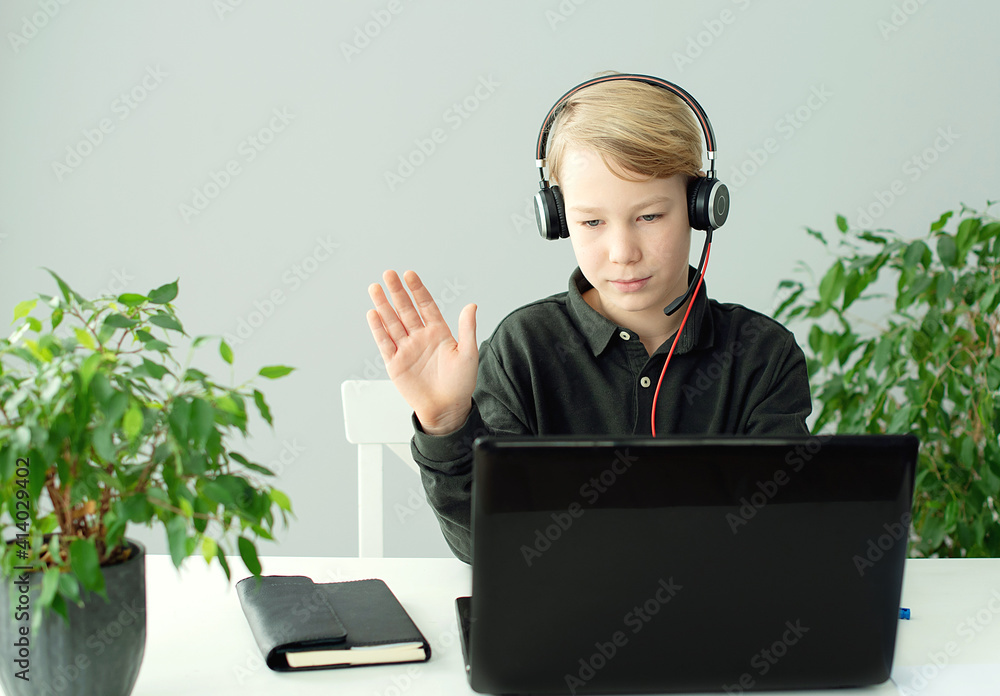 boy at home on computer doing online schooling or e-learning, early education